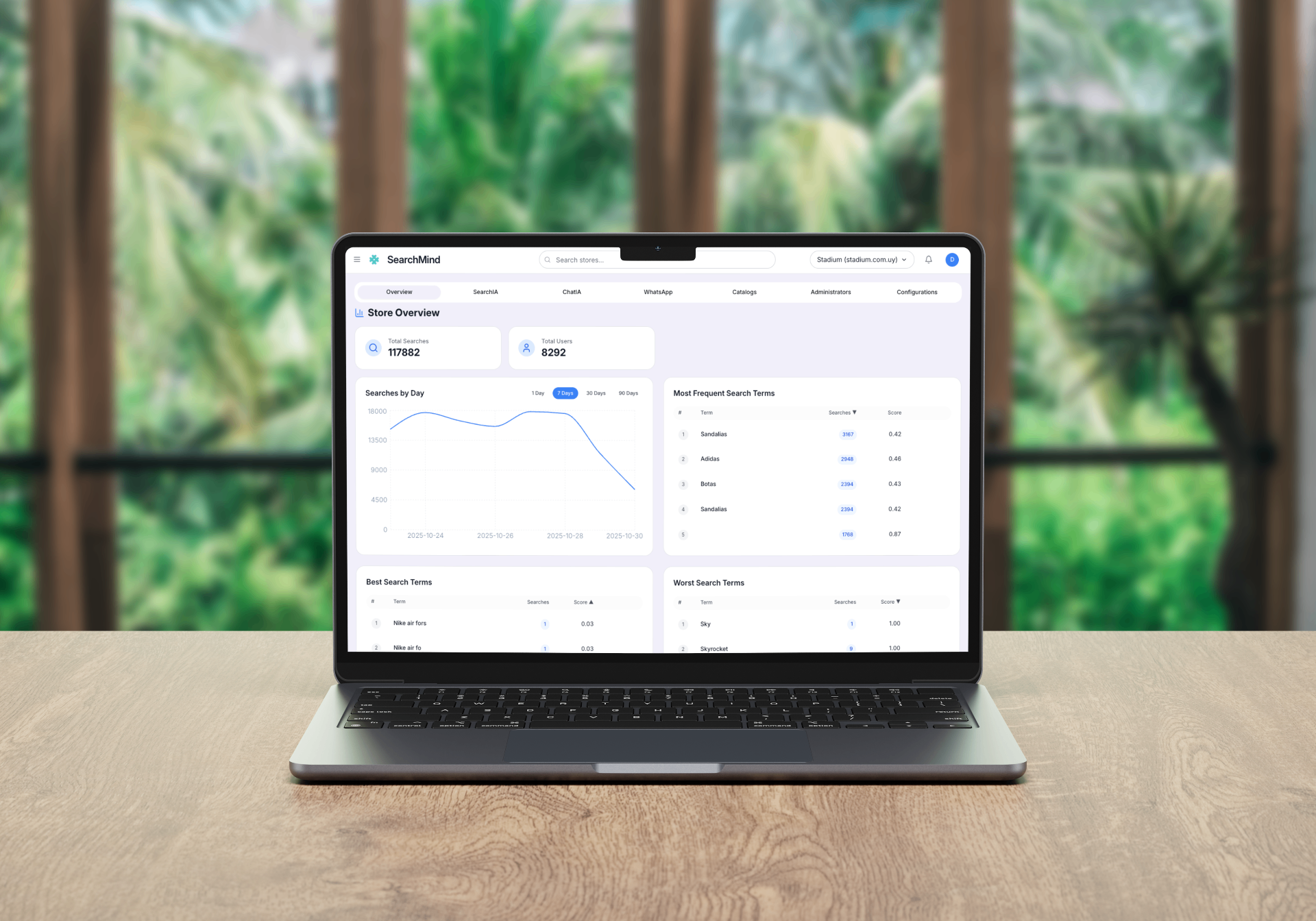 SearchMind dashboard on laptop showing AI-powered e-commerce search engine